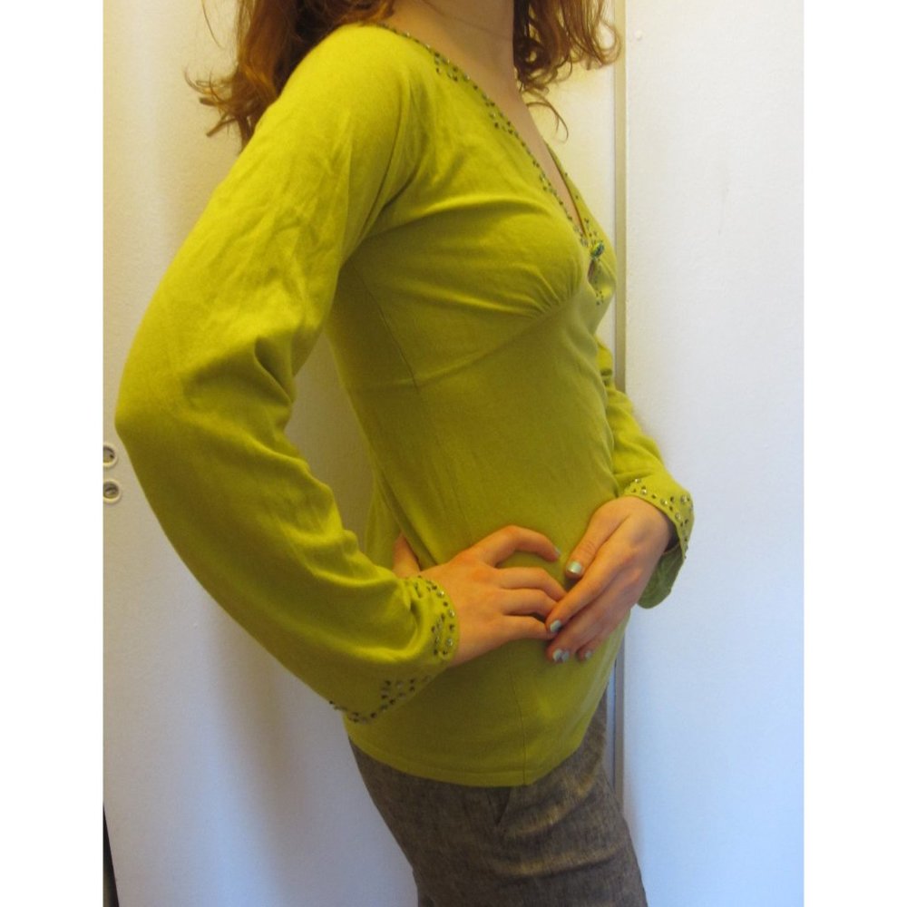 Designer's Lime /Olive Beaded Blouse by Christopher Fische, 100% cotton, Size XS